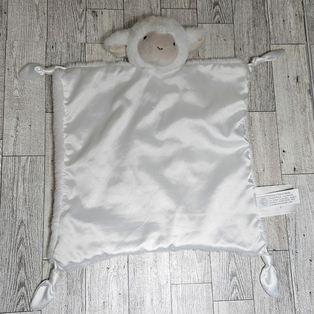 Pottery Barn Kids Lamb Lovey Security Blanket White Knotted Satin Blankie Plush